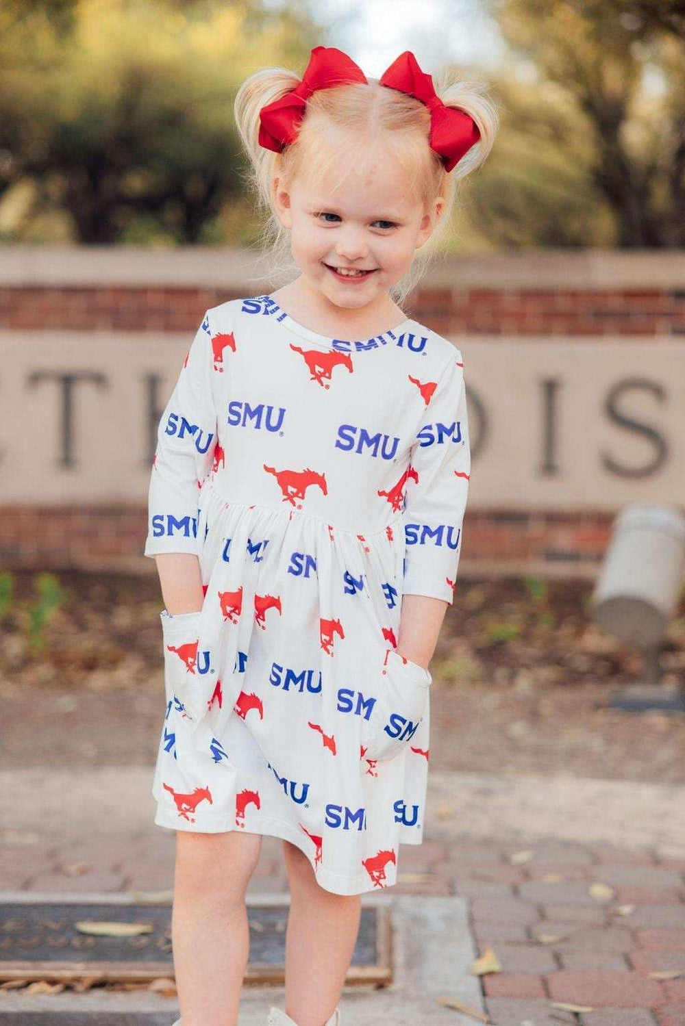 SMU White Mustang 3/4 Sleeve Pocket Twirl Dress - Mila & Rose ® - Flyclothing LLC