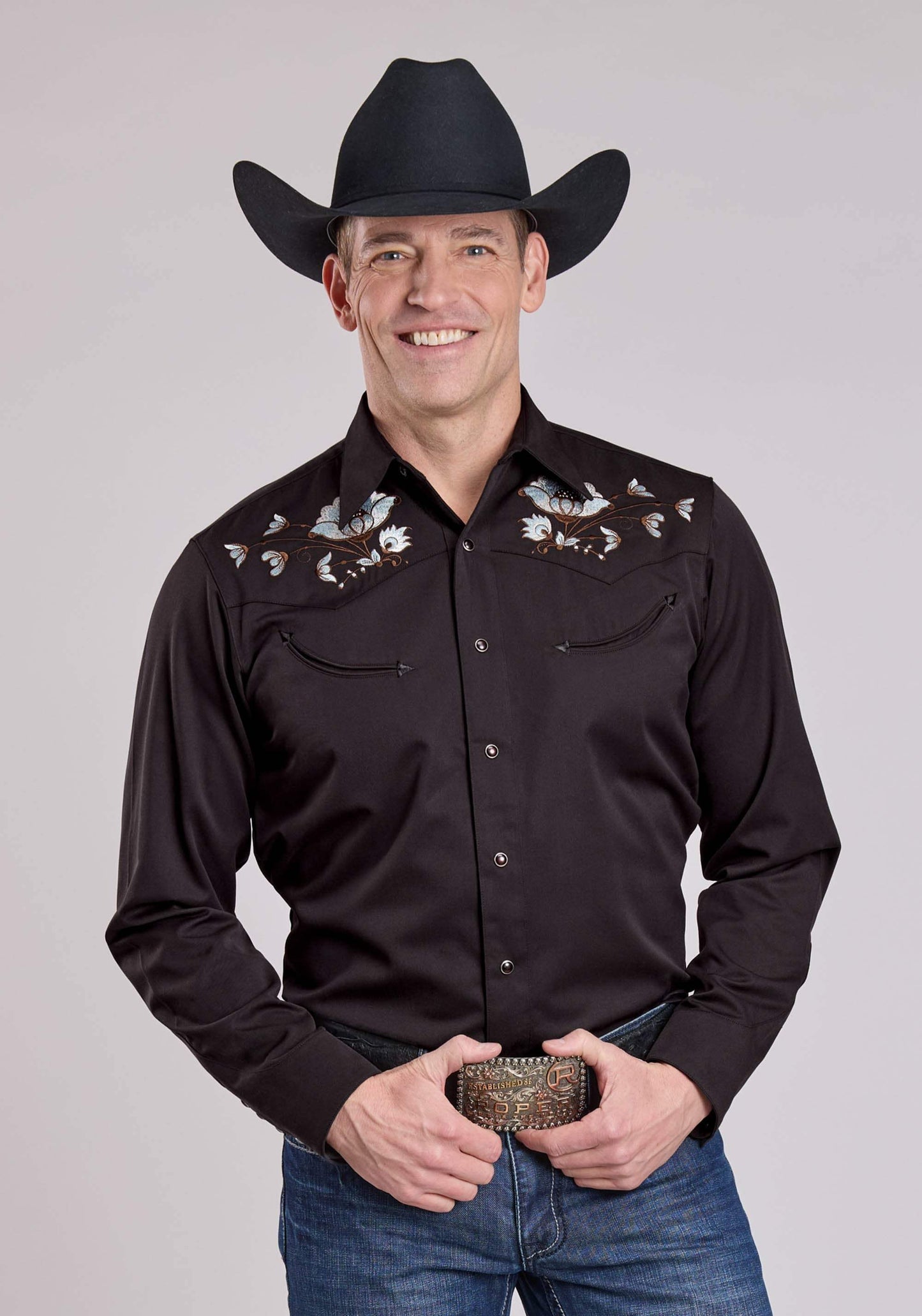 Roper Mens Long Sleeve Snap Jet Black Poly Rayon Western Shirt - Roper - Flyclothing LLC