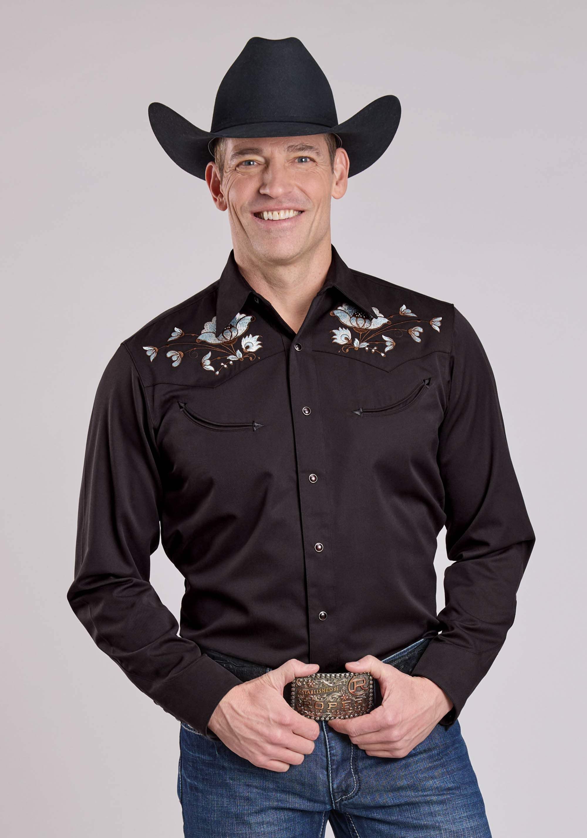Roper Mens Long Sleeve Snap Jet Black Poly Rayon Western Shirt - Roper - Flyclothing LLC