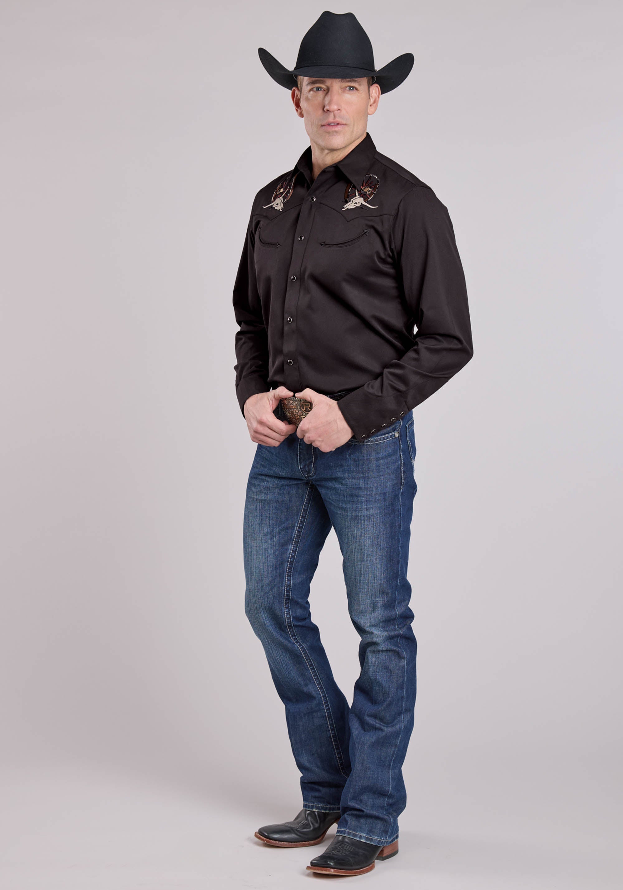 Roper Mens Long Sleeve Snap Jet Black Poly Rayon Western Shirt