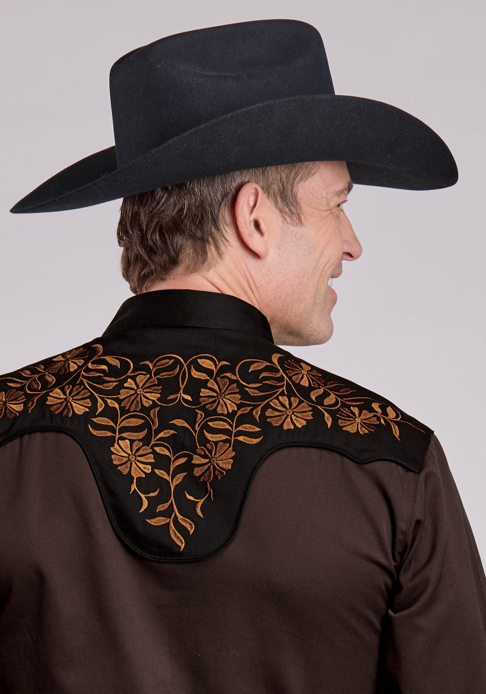 Roper Mens Long Sleeve Snap Chocolate Brown Poly Rayon Western Shirt