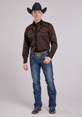 Roper Mens Long Sleeve Snap Chocolate Brown Poly Rayon Western Shirt