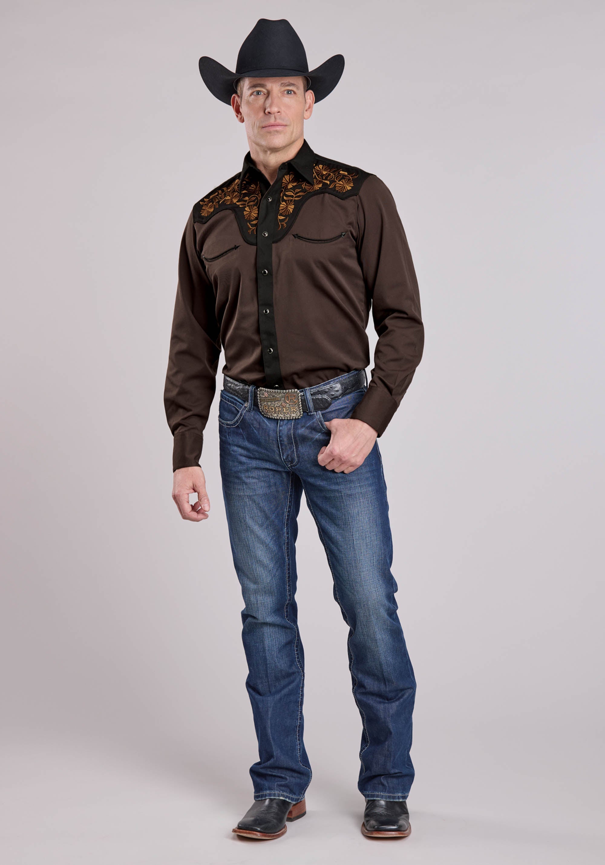 Roper Mens Long Sleeve Snap Chocolate Brown Poly Rayon Western Shirt