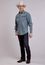 Roper Mens Long Sleeve Snap Med Wash Denim Shirt W/ Bronc Rider Embroidered Weste - Roper - Flyclothing LLC