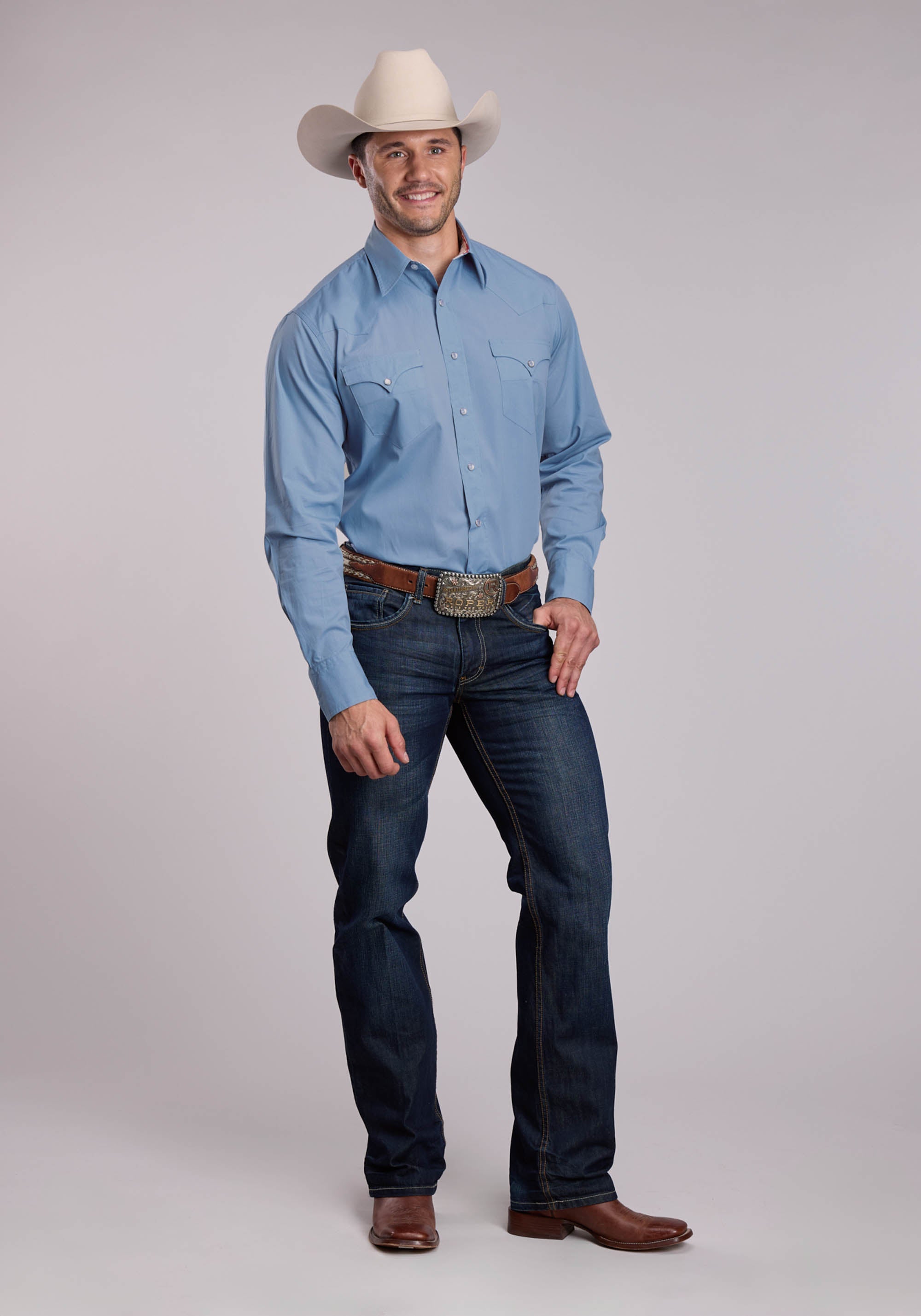 Mens Roper Solid Poplin Chambray Blue Long Sleeve Snap Shirt