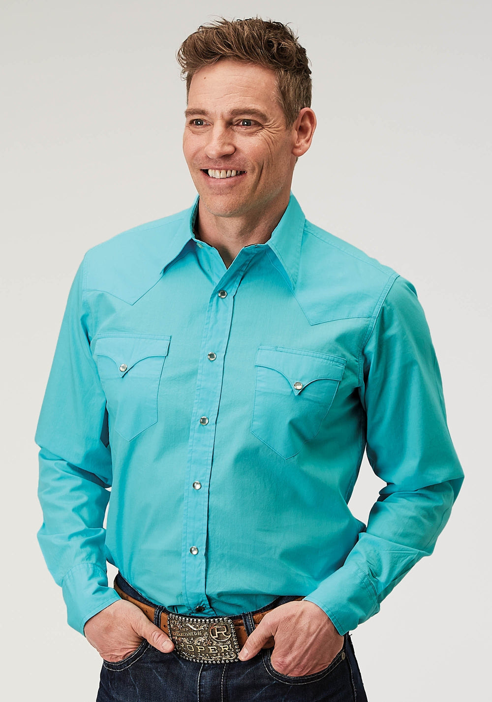 Roper Mens Long Sleeve Snap Solid Poplin Turquoise Western Shirt - Roper