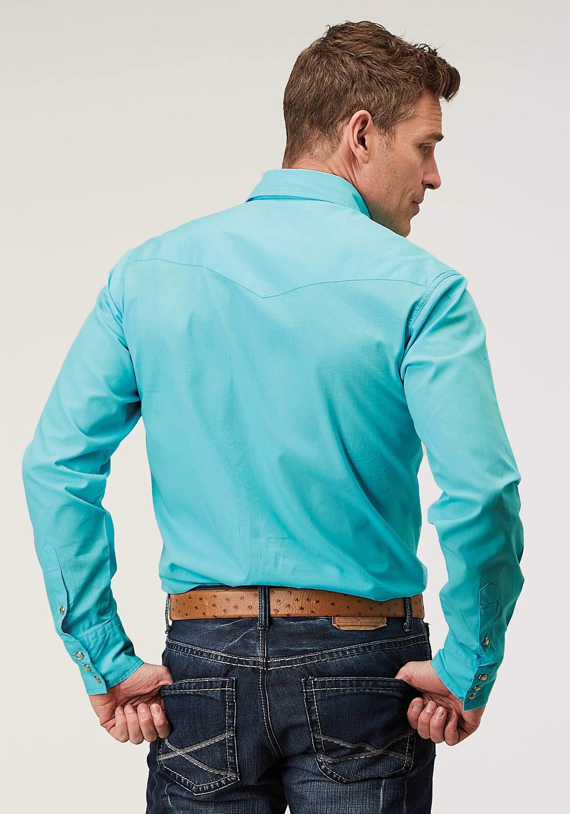 Roper Mens Long Sleeve Snap Solid Poplin Turquoise Western Shirt - Roper - Flyclothing LLC