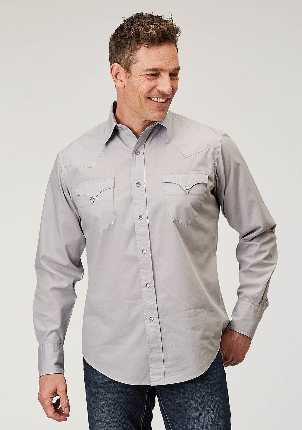 Roper Mens Long Sleeve Snap Solid Poplin Grey Western Shirt - Roper