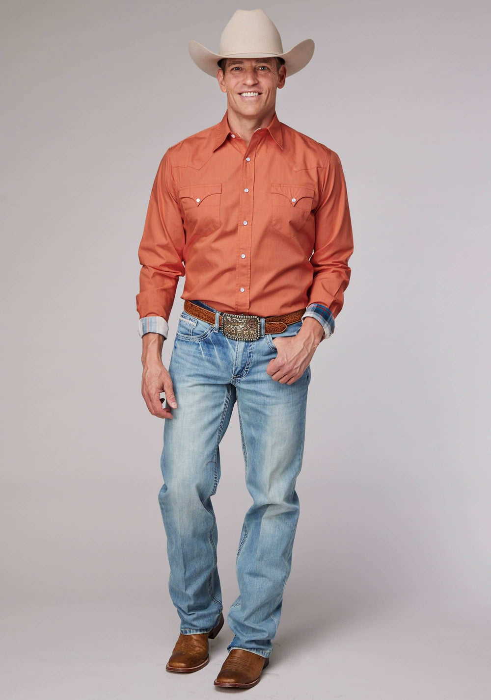 Roper Mens Long Sleeve Snap Solid Poplin Tangerine Western Shirt - Roper - Flyclothing LLC