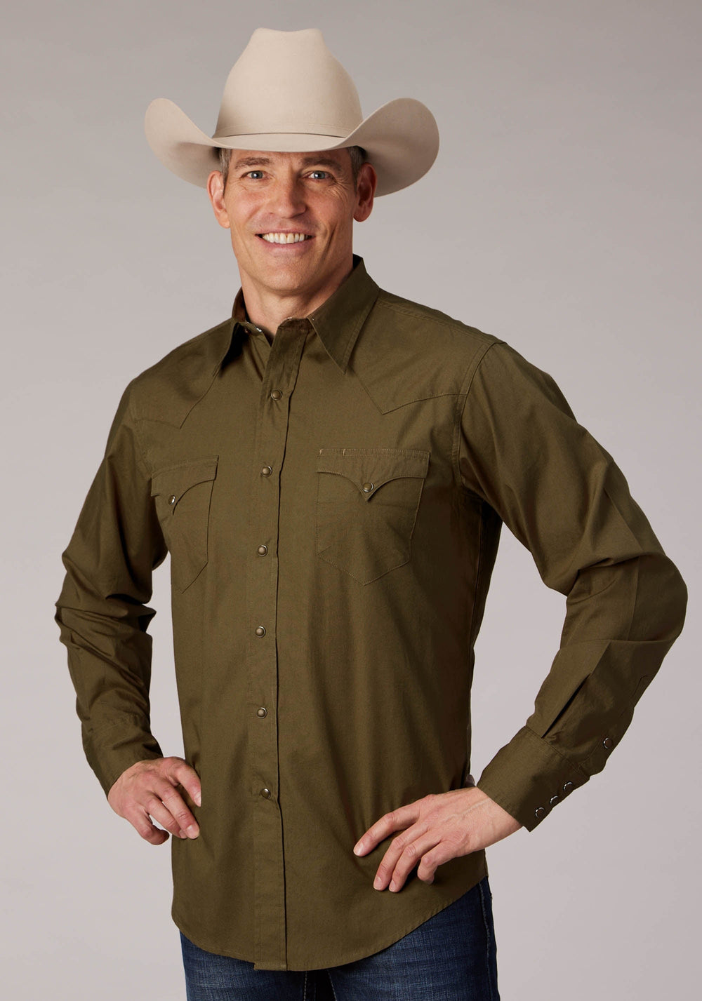 Roper Mens Long Sleeve Snap Solid Poplin Cocoa Western Shirt - Roper