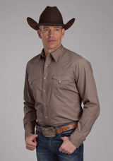 Roper Mens Solid Poplin - Stone Long Sleeve Snap Western Shirt - Roper - Flyclothing LLC