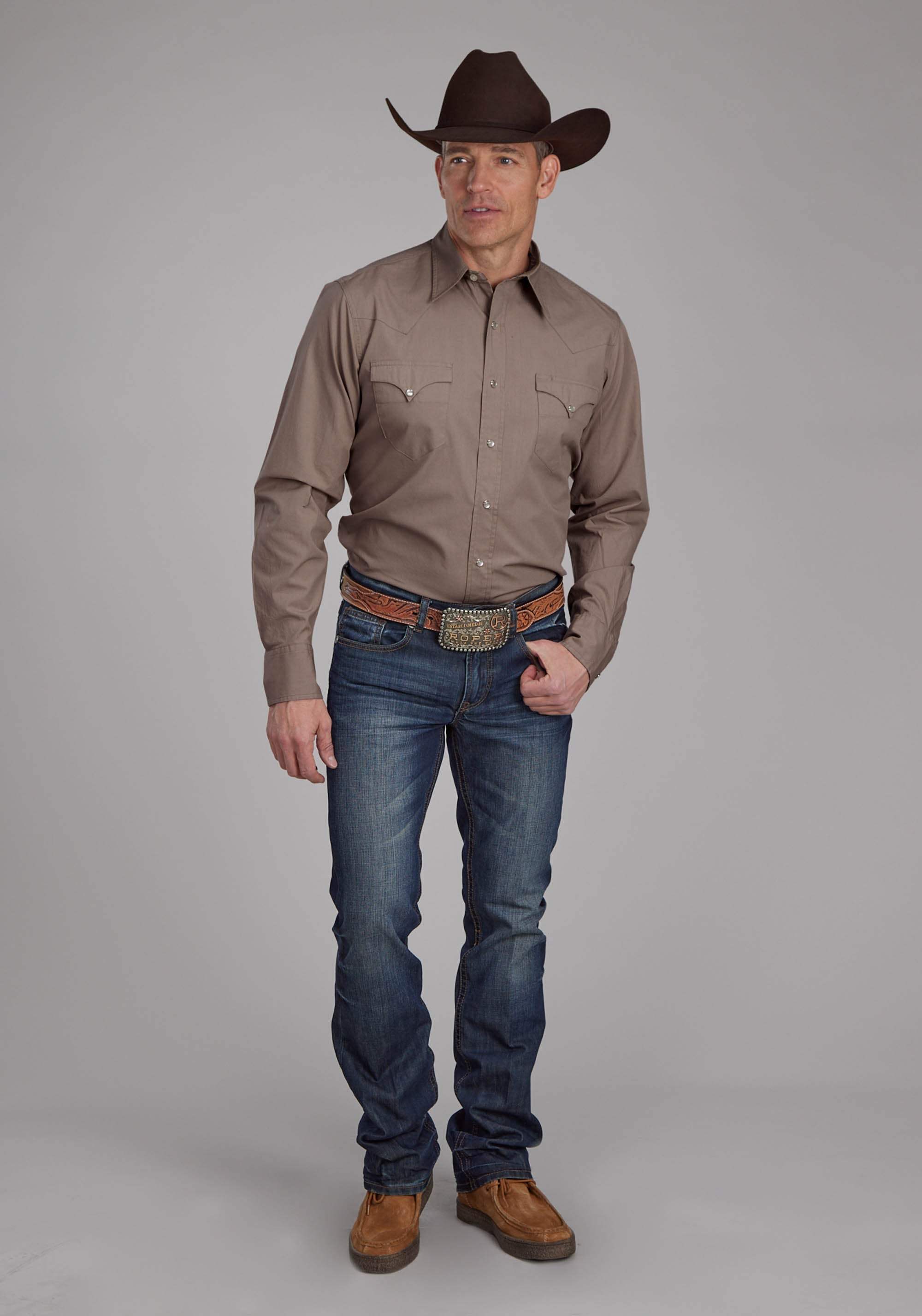 Roper Mens Solid Poplin - Stone Long Sleeve Snap Western Shirt - Roper - Flyclothing LLC