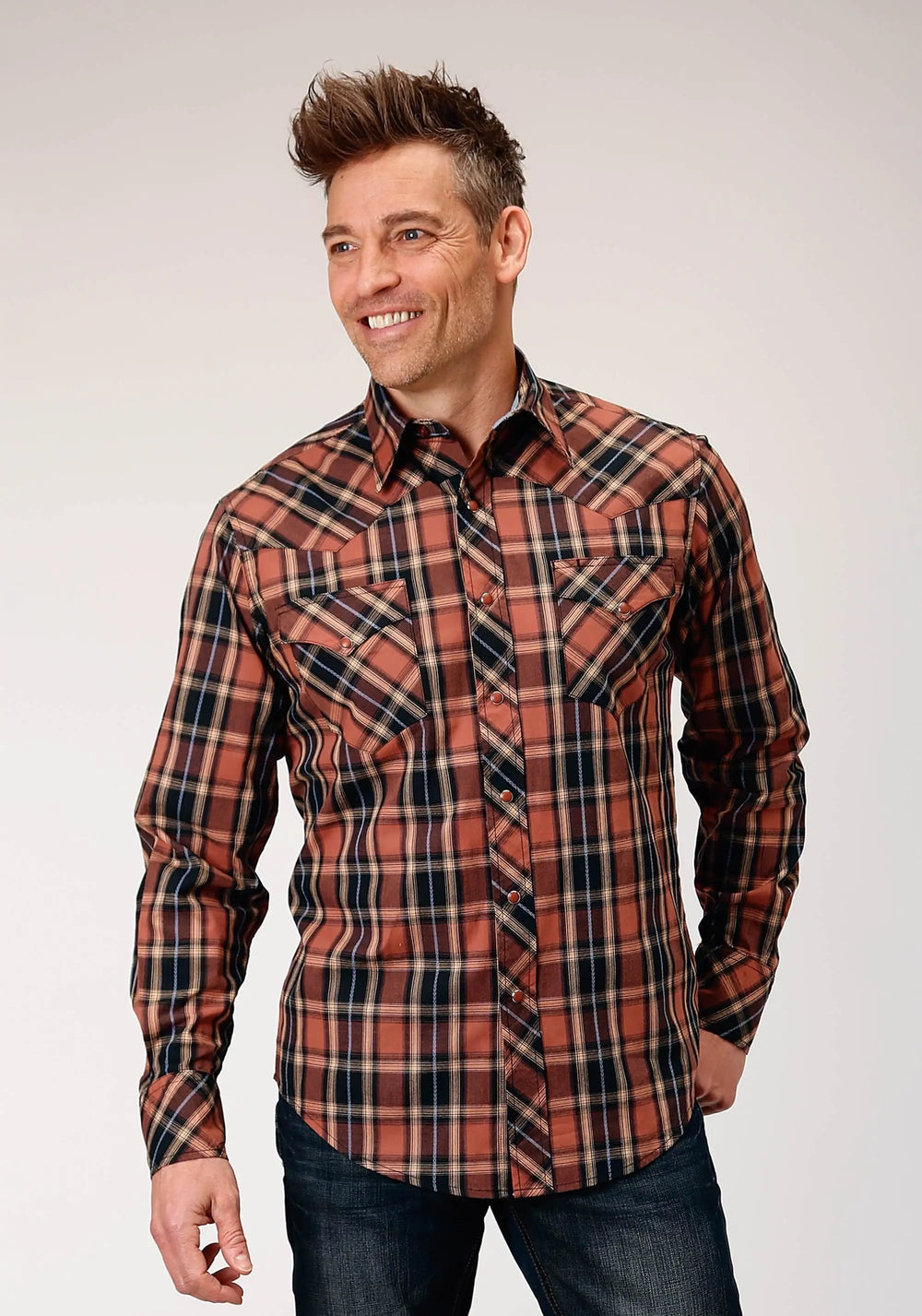 Roper Mens Long Sleeve Snap Arrow Dobby Plaid Western Shirt - Roper