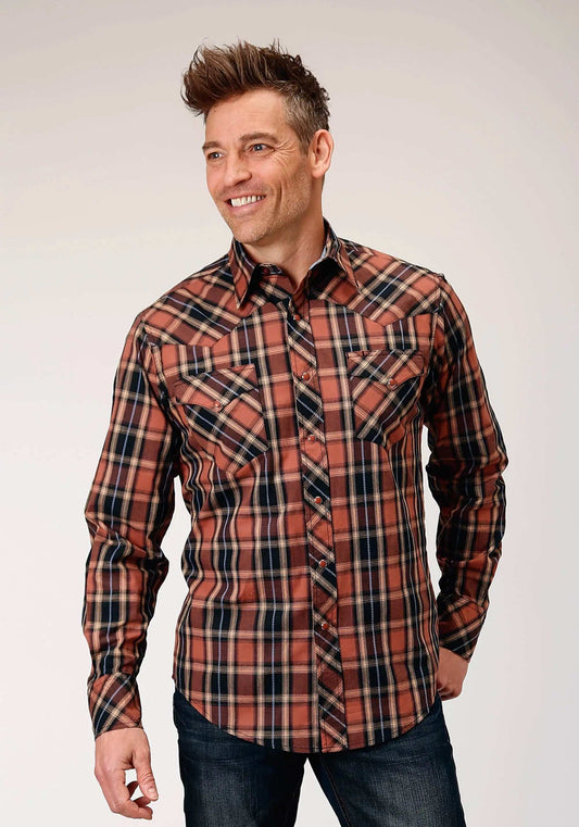 Roper Mens Long Sleeve Snap Arrow Dobby Plaid Western Shirt - Roper - Flyclothing LLC