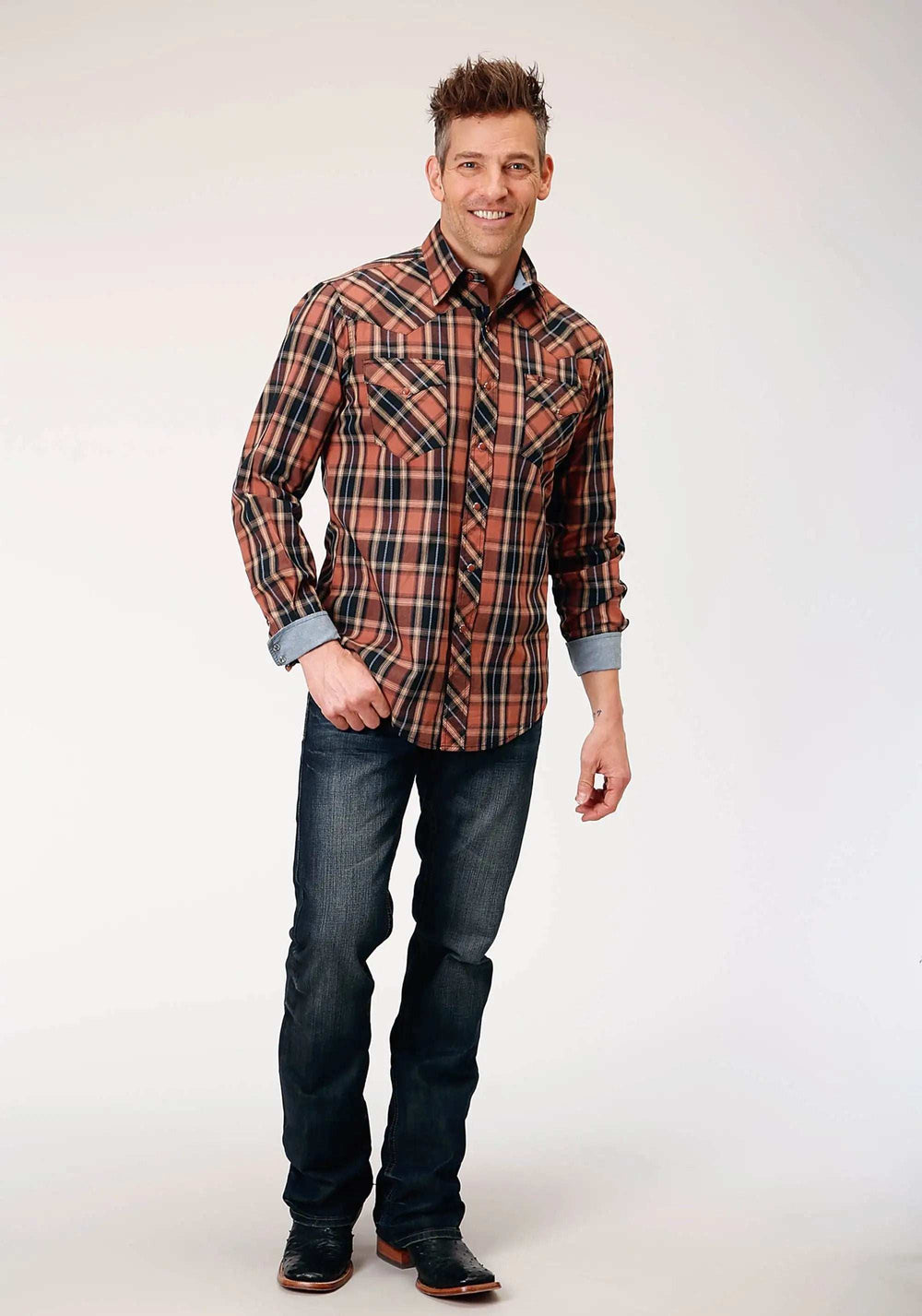 Roper Mens Long Sleeve Snap Arrow Dobby Plaid Western Shirt - Roper - Flyclothing LLC