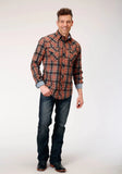 Roper Mens Long Sleeve Snap Arrow Dobby Plaid Western Shirt - Roper