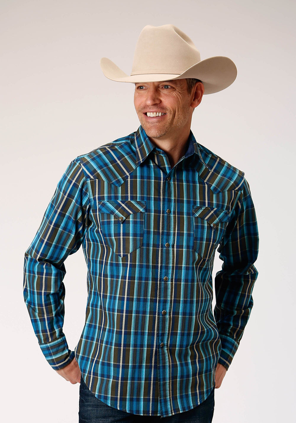 Roper Mens Long Sleeve Snap Diamond Dobby Plaid Western Shirt - Roper