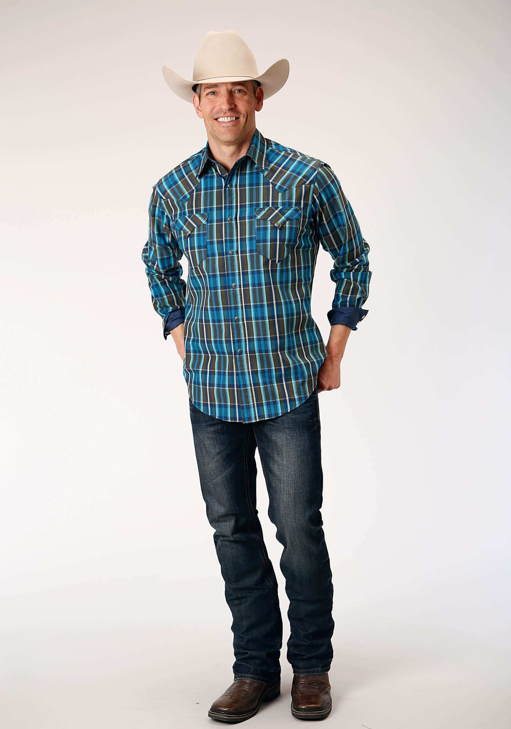 Roper Mens Long Sleeve Snap Diamond Dobby Plaid Western Shirt - Roper - Flyclothing LLC
