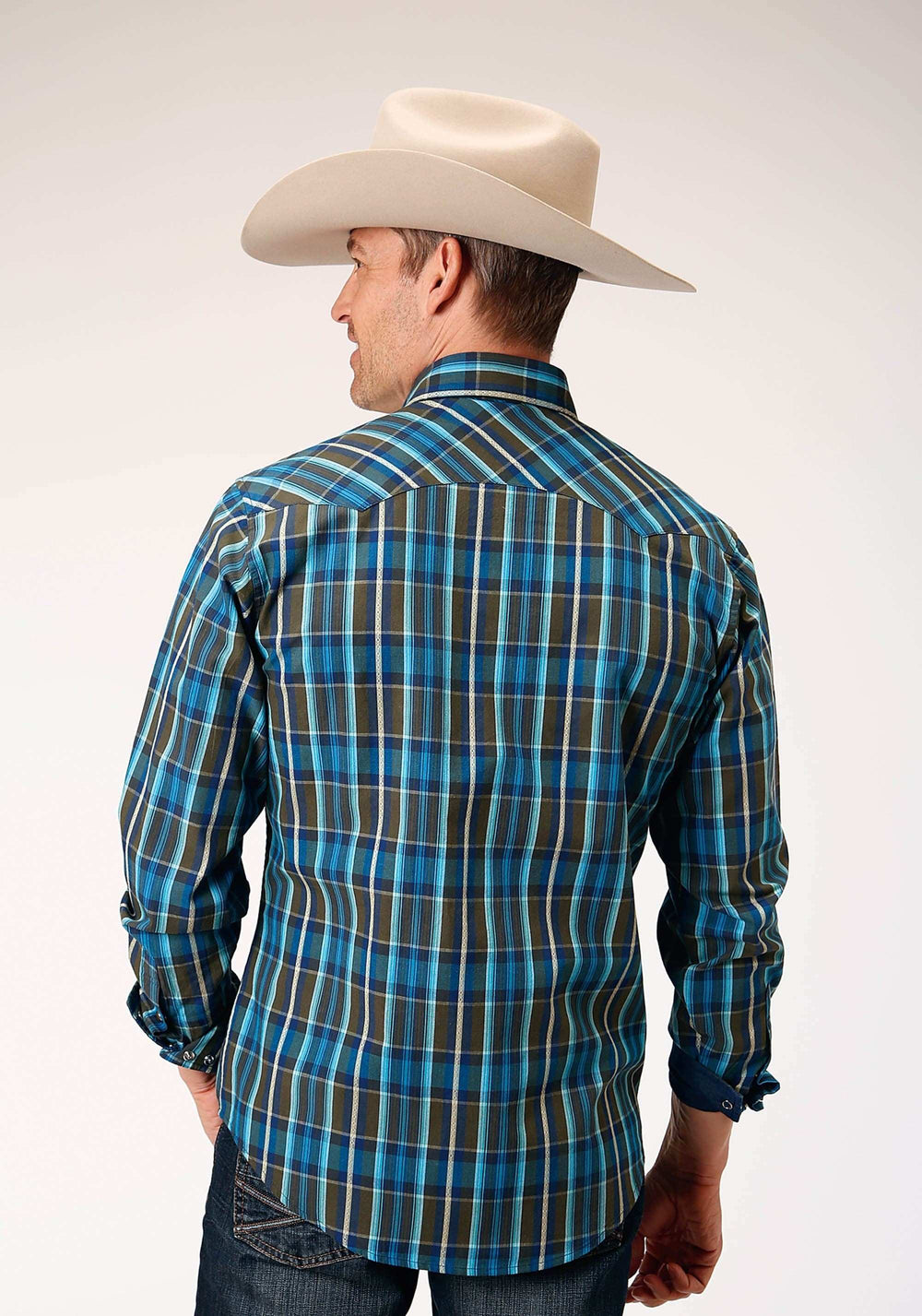 Roper Mens Long Sleeve Snap Diamond Dobby Plaid Western Shirt - Roper - Flyclothing LLC