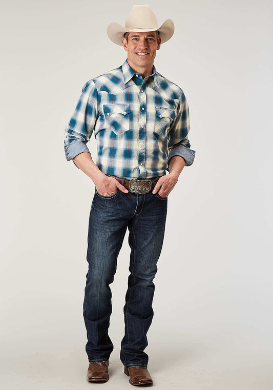 Roper Mens Long Sleeve Snap Arrow Dobby Plaid Western Shirt - Roper - Flyclothing LLC