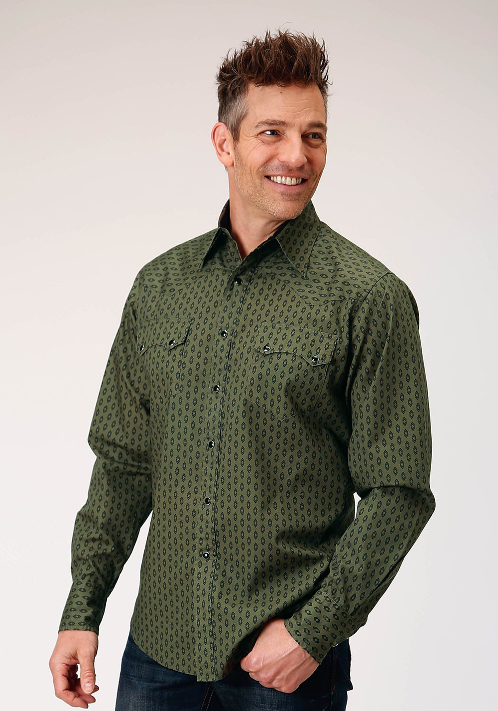 Roper Mens Long Sleeve Snap Drybrush Diamonds Western Shirt - Roper