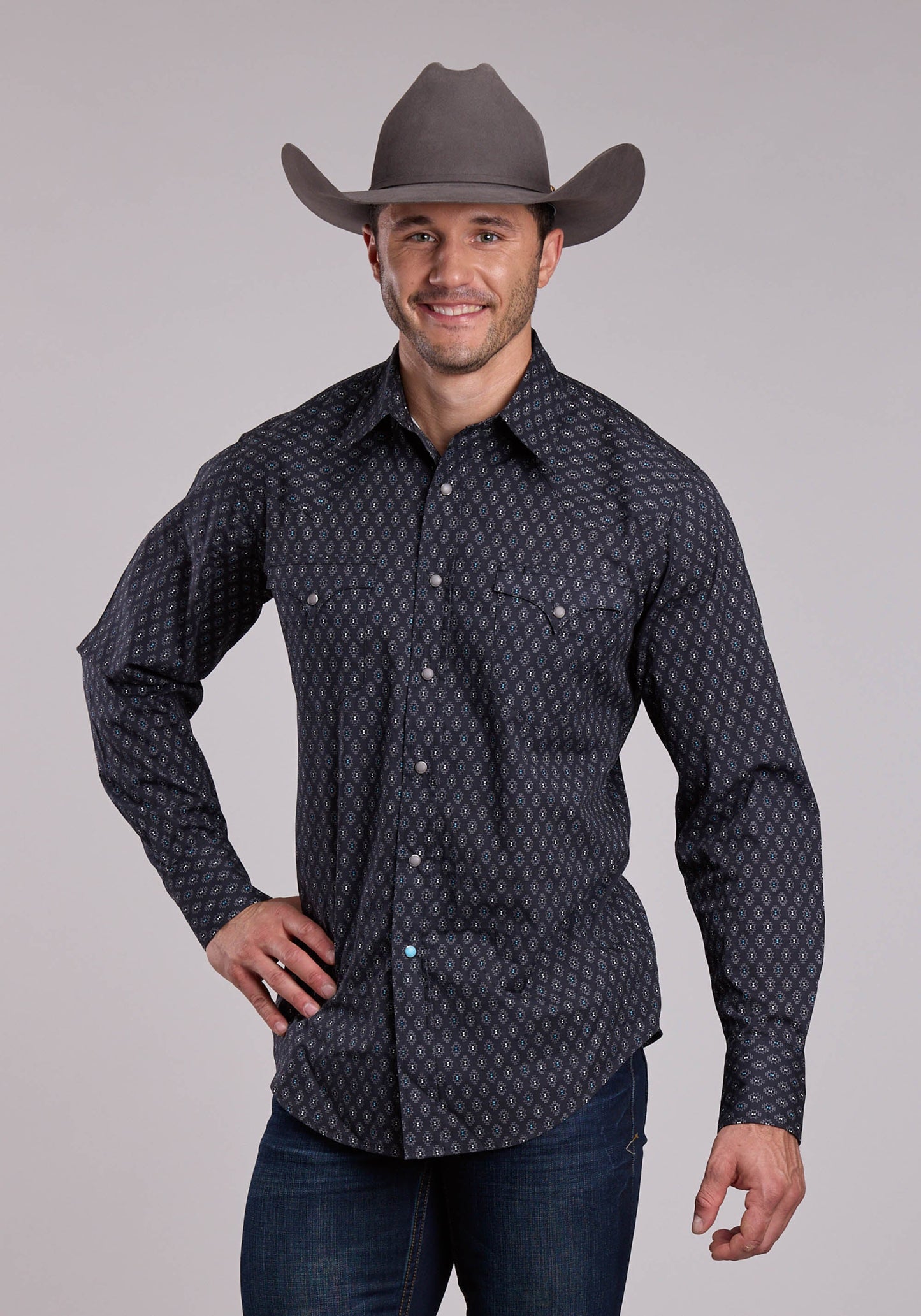 Mens Roper Gray  Turquoise Aztec Print Long Sleeve Snap Shirt