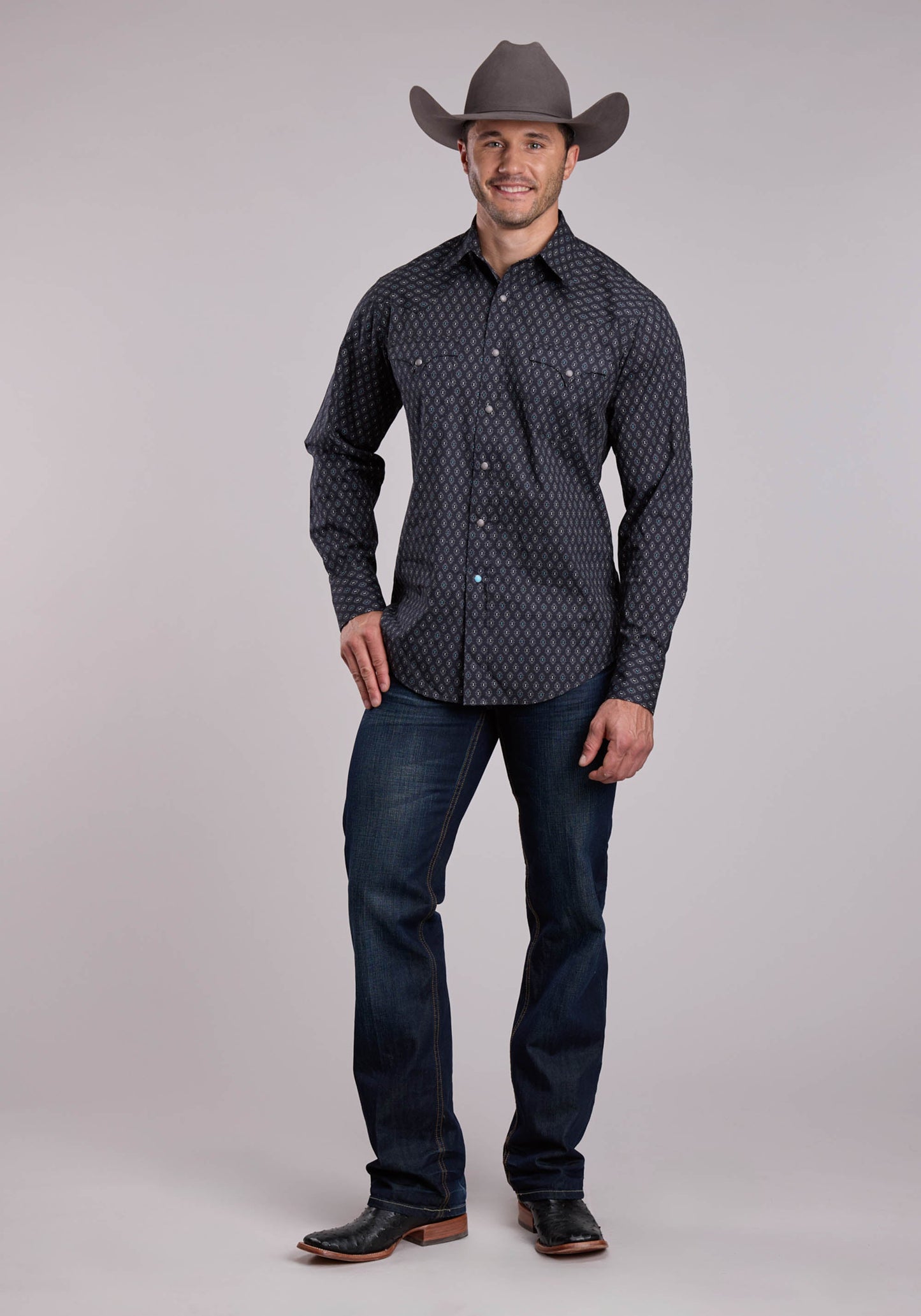 Mens Roper Gray  Turquoise Aztec Print Long Sleeve Snap Shirt