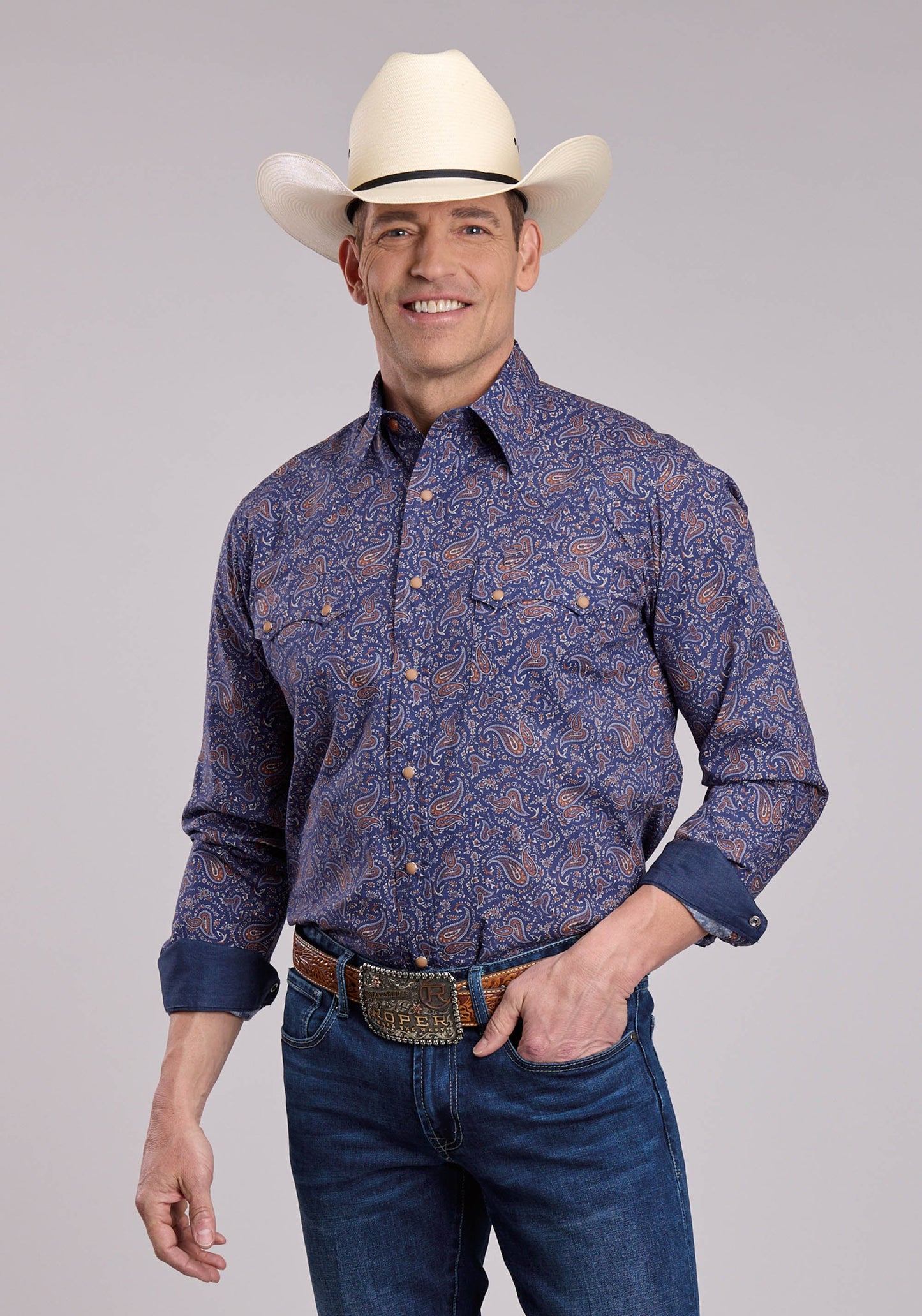 Mens Roper Vintage Paisley Print Long Sleeve Snap Shirt