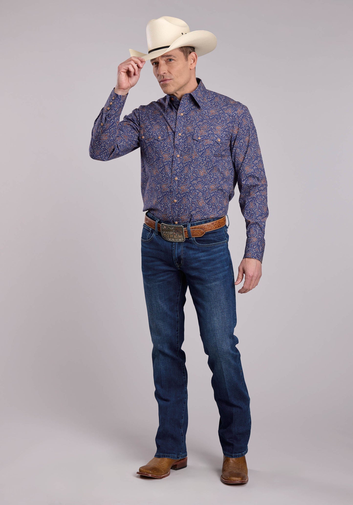 Mens Roper Vintage Paisley Print Long Sleeve Snap Shirt
