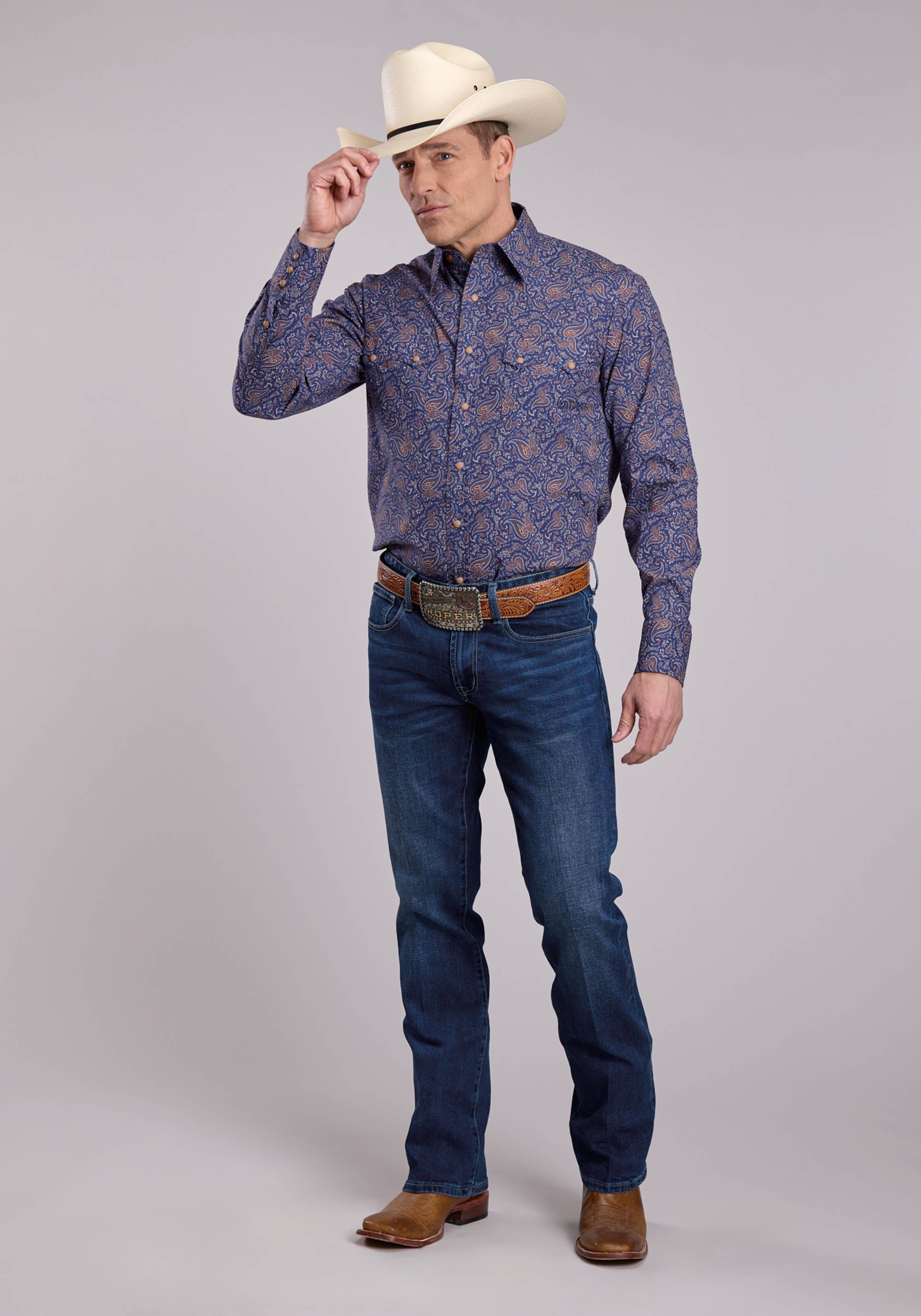 Mens Roper Vintage Paisley Print Long Sleeve Snap Shirt