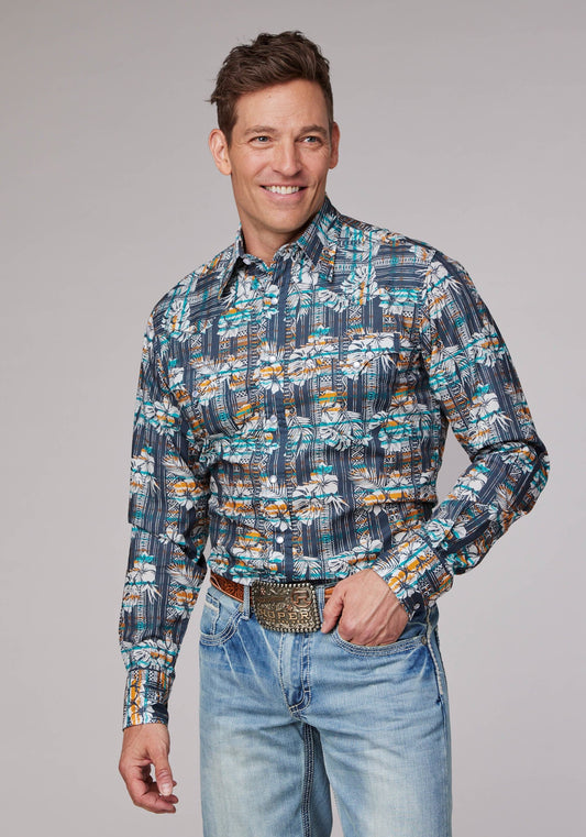 Roper Mens Long Sleeve Snap Distressed Tropical Print Western Shirt - Roper