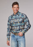 Roper Mens Long Sleeve Snap Distressed Tropical Print Western Shirt - Roper