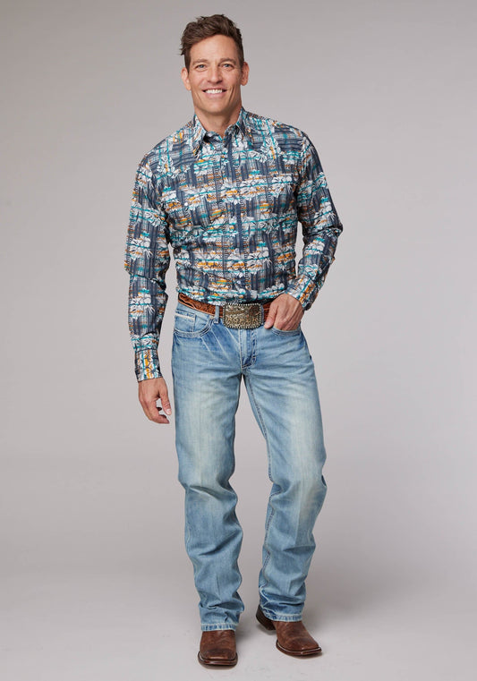 Roper Mens Long Sleeve Snap Distressed Tropical Print Western Shirt - Roper