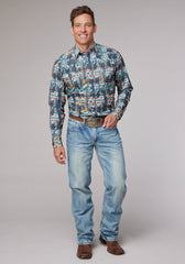 Roper Mens Long Sleeve Snap Distressed Tropical Print Western Shirt - Roper