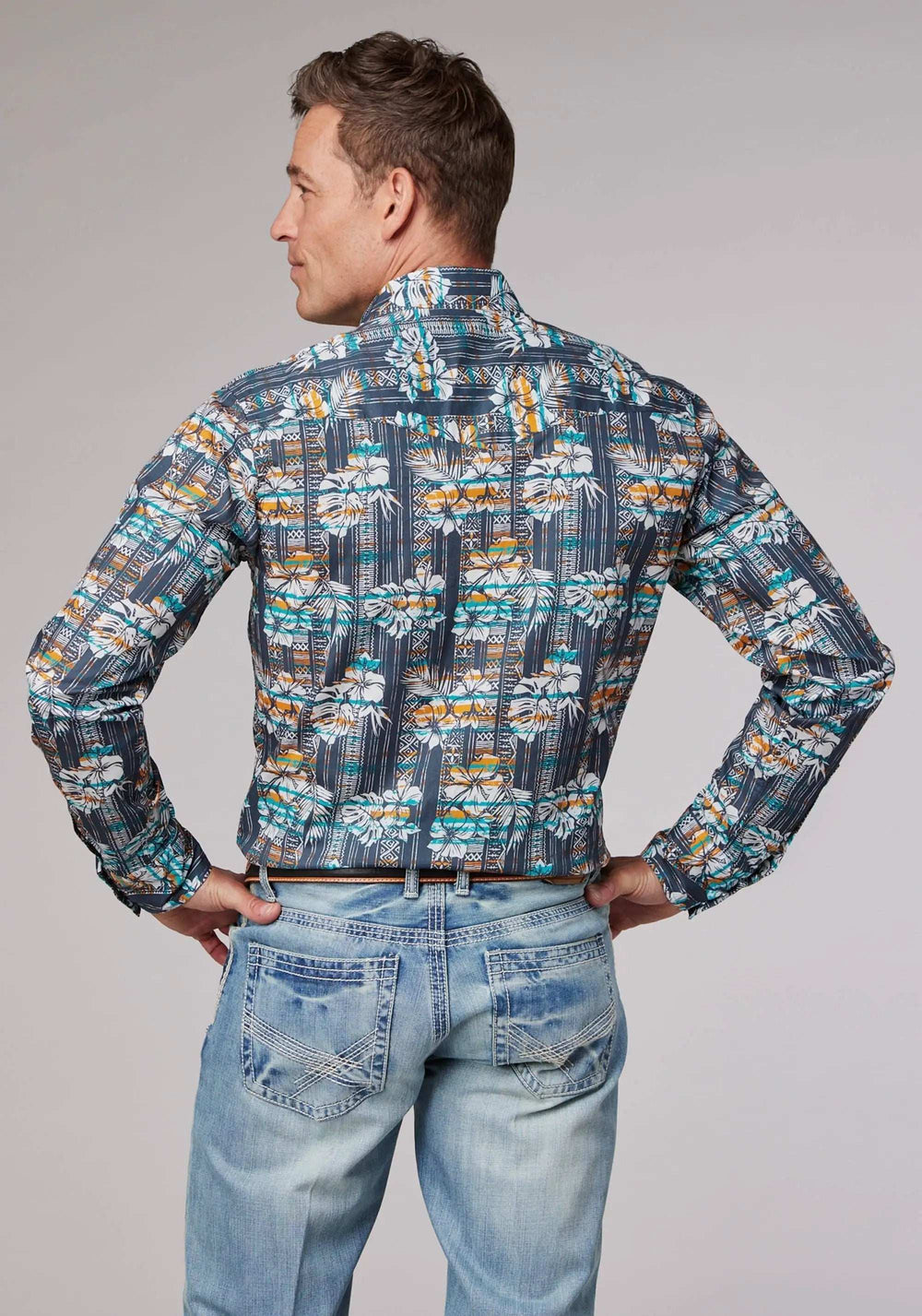 Roper Mens Long Sleeve Snap Distressed Tropical Print Western Shirt - Roper - Flyclothing LLC