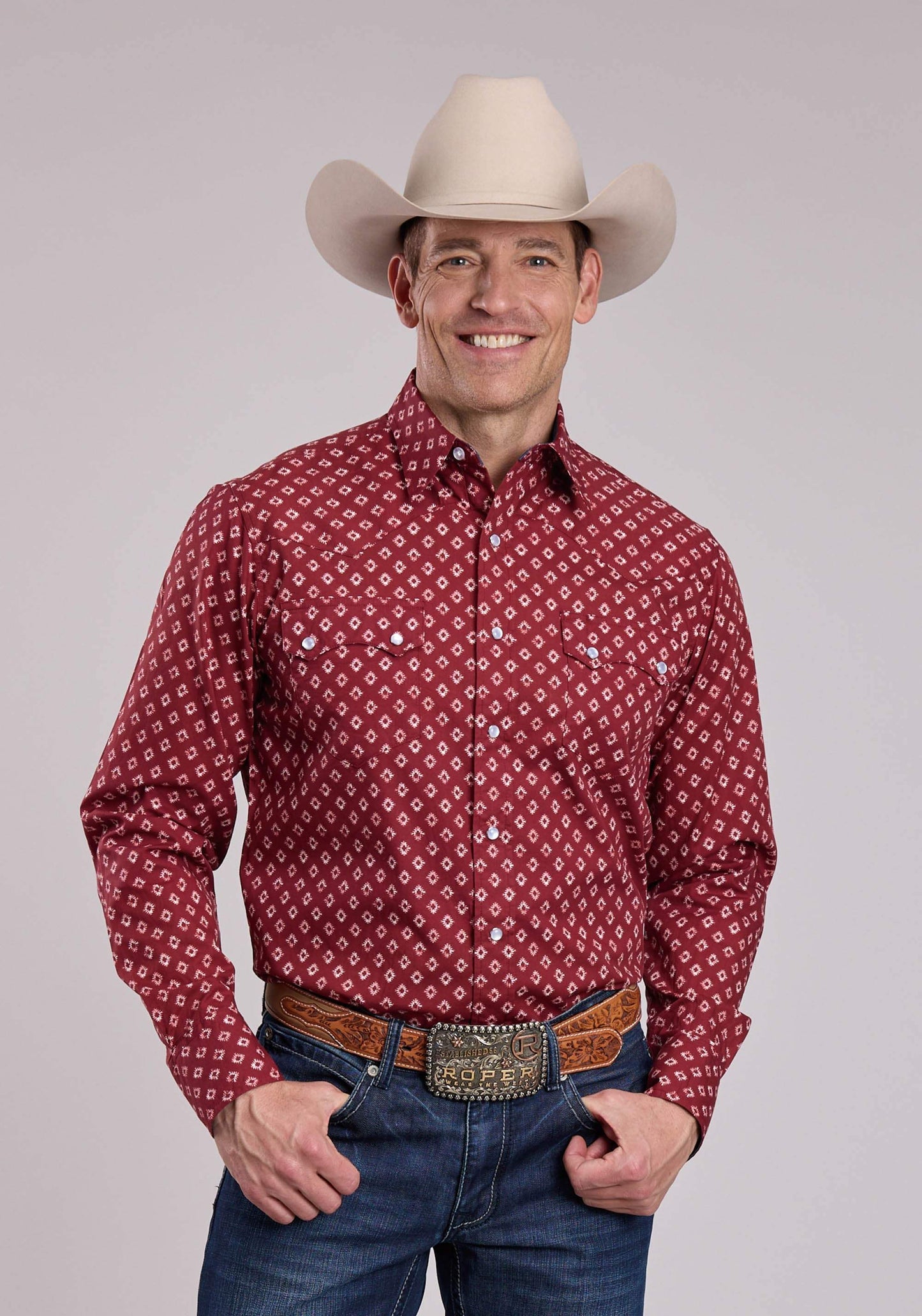 Mens Roper Distressed Aztec Tile Print Long Sleeve Snap Shirt - Roper - Flyclothing LLC