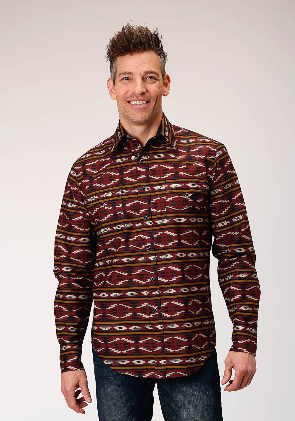 Roper Mens Long Sleeve Snap Red Aztec Horizontal Stripe Western Shirt - Roper