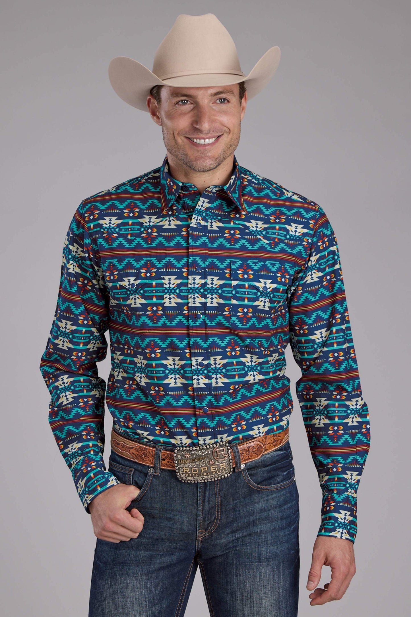 Mens Roper Horizontal Navajo Aztec Print Long Sleeve Snap Shirt - Roper - Flyclothing LLC