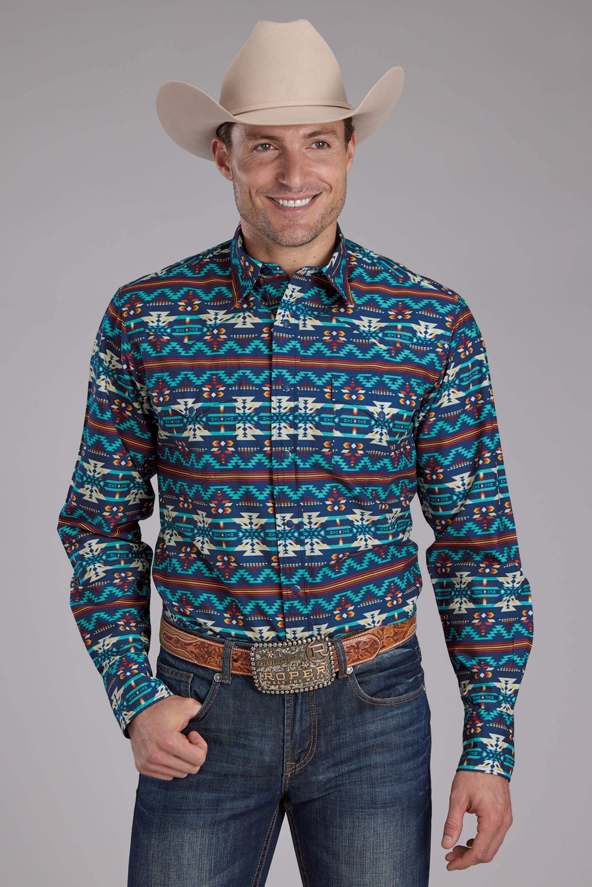 Mens Roper Horizontal Navajo Aztec Print Long Sleeve Snap Shirt - Roper - Flyclothing LLC