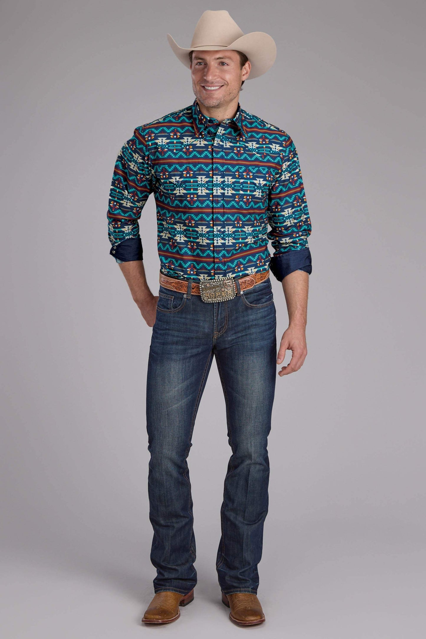 Mens Roper Horizontal Navajo Aztec Print Long Sleeve Snap Shirt - Roper - Flyclothing LLC