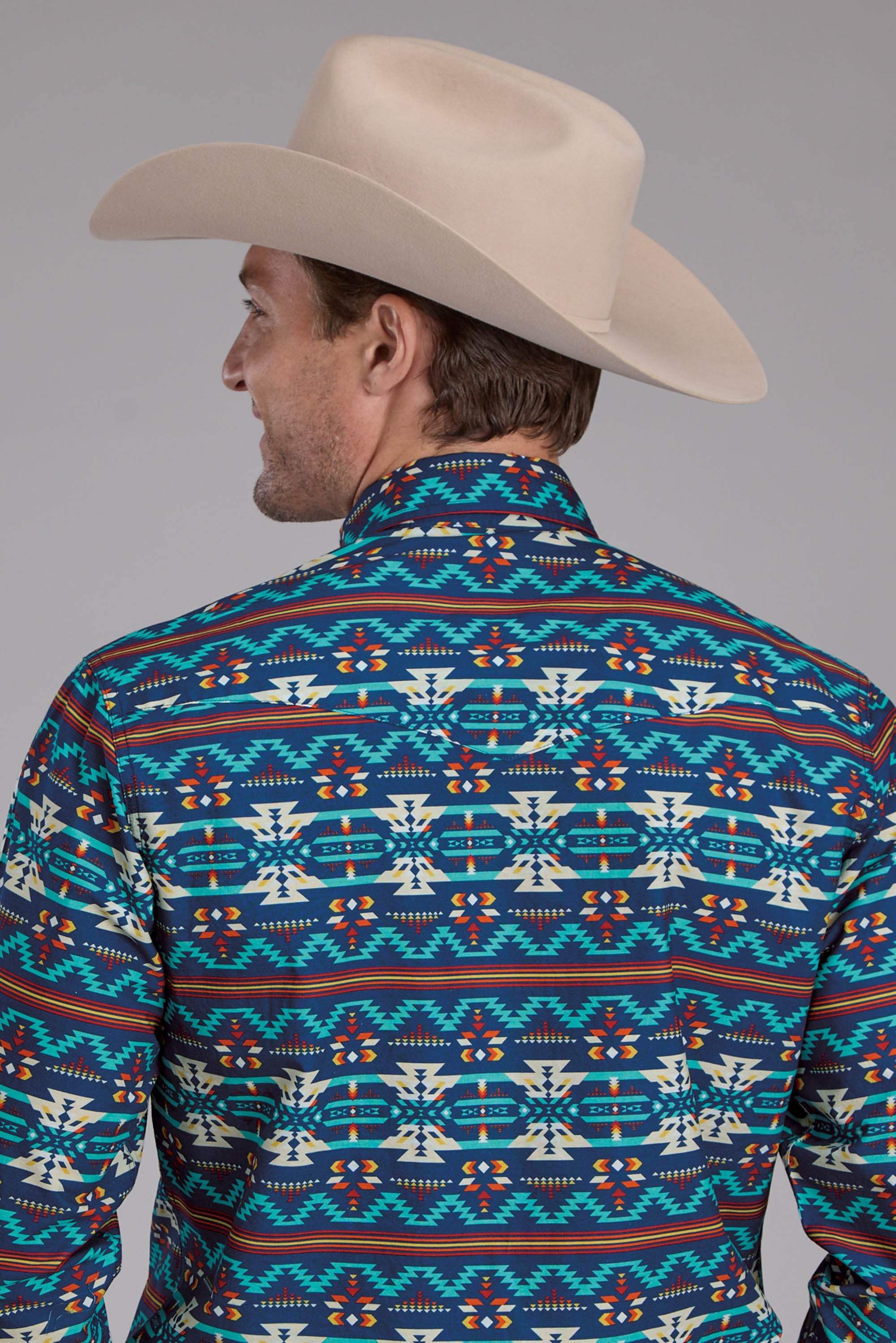 Mens Roper Horizontal Navajo Aztec Print Long Sleeve Snap Shirt - Roper - Flyclothing LLC