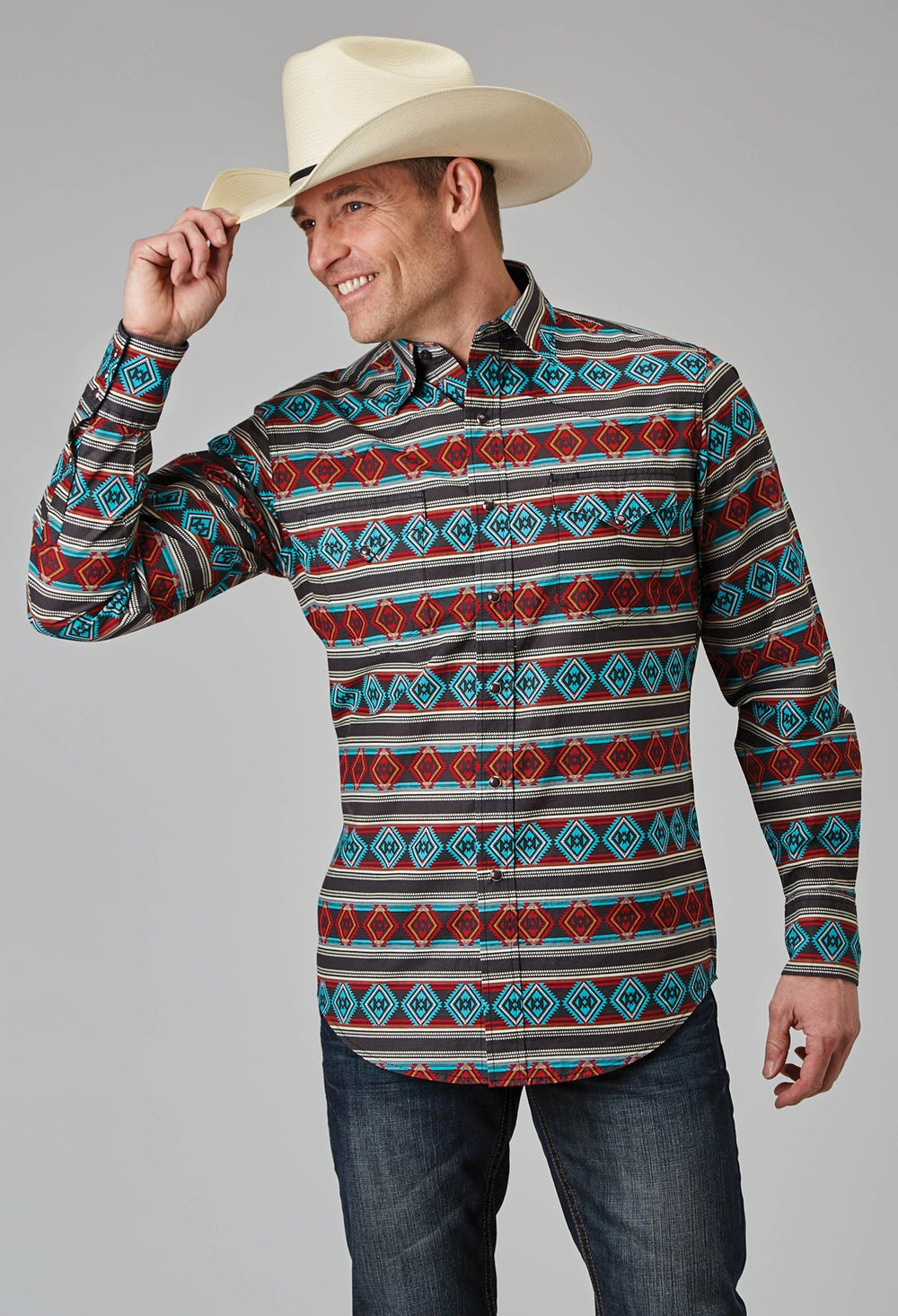 Roper Mens Long Sleeve Snap Aztec Stripe Print Western Shirt - Roper