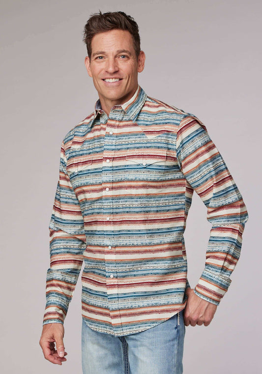 Roper Mens Long Sleeve Snap Distressed Aztec Print Western Shirt - Roper - Flyclothing LLC