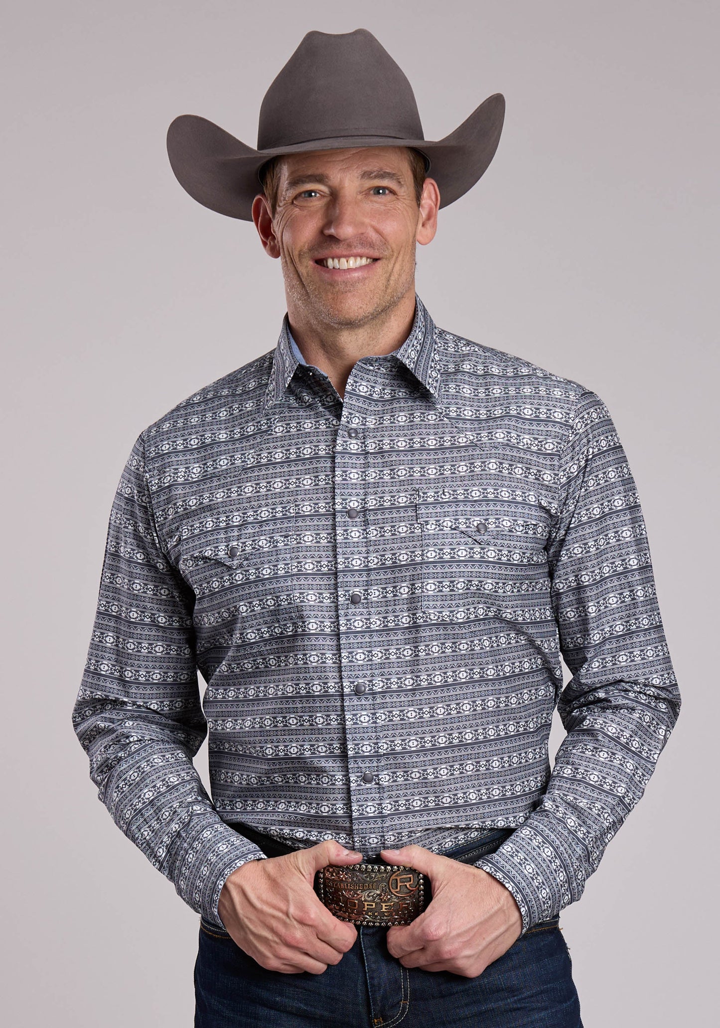 Mens Roper Horizontal Aztec Blanket Print Long Sleeve Snap Shirt