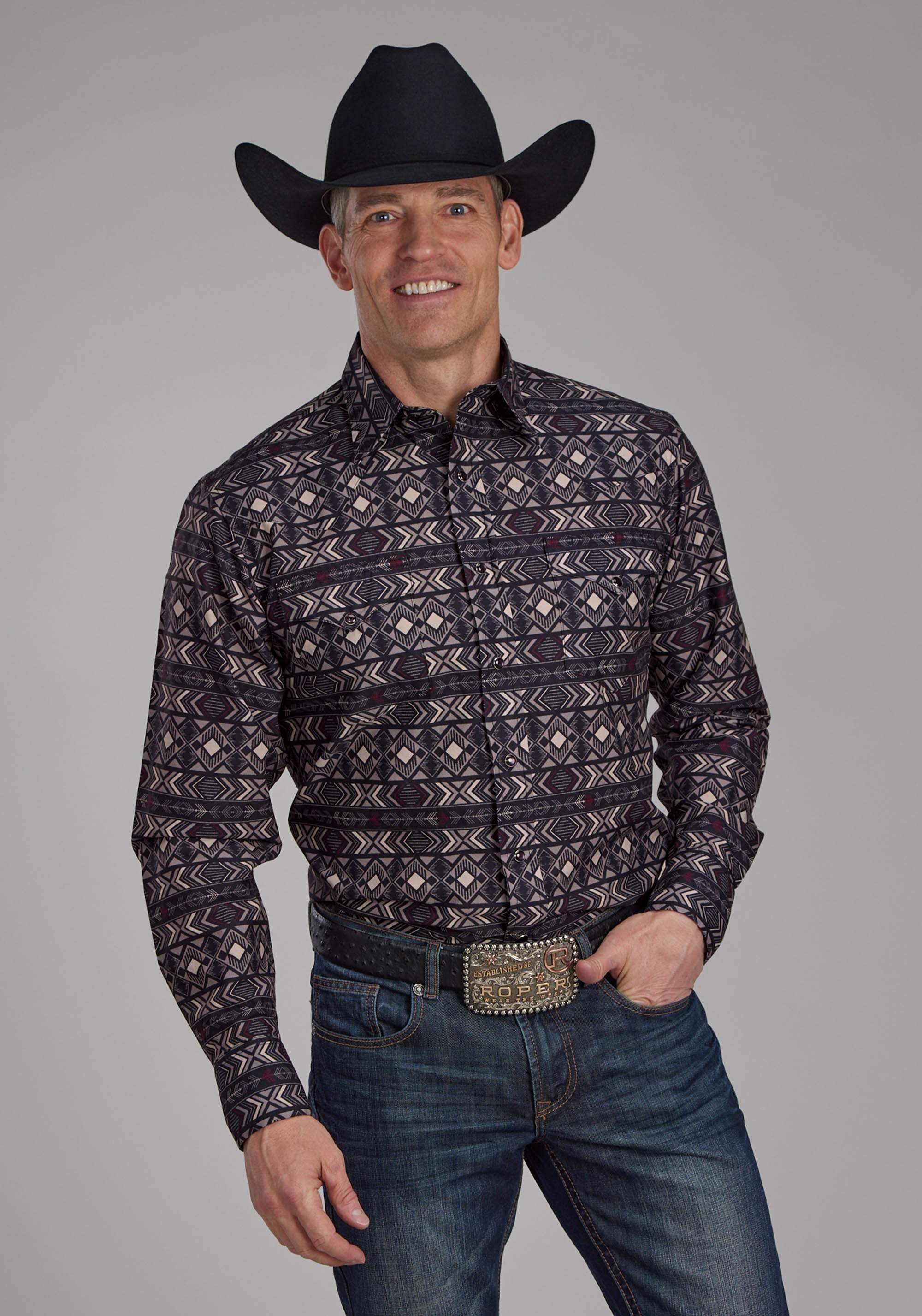 Roper Mens Pop Color Aztec Print Long Sleeve Snap Western Shirt - Roper - Flyclothing LLC