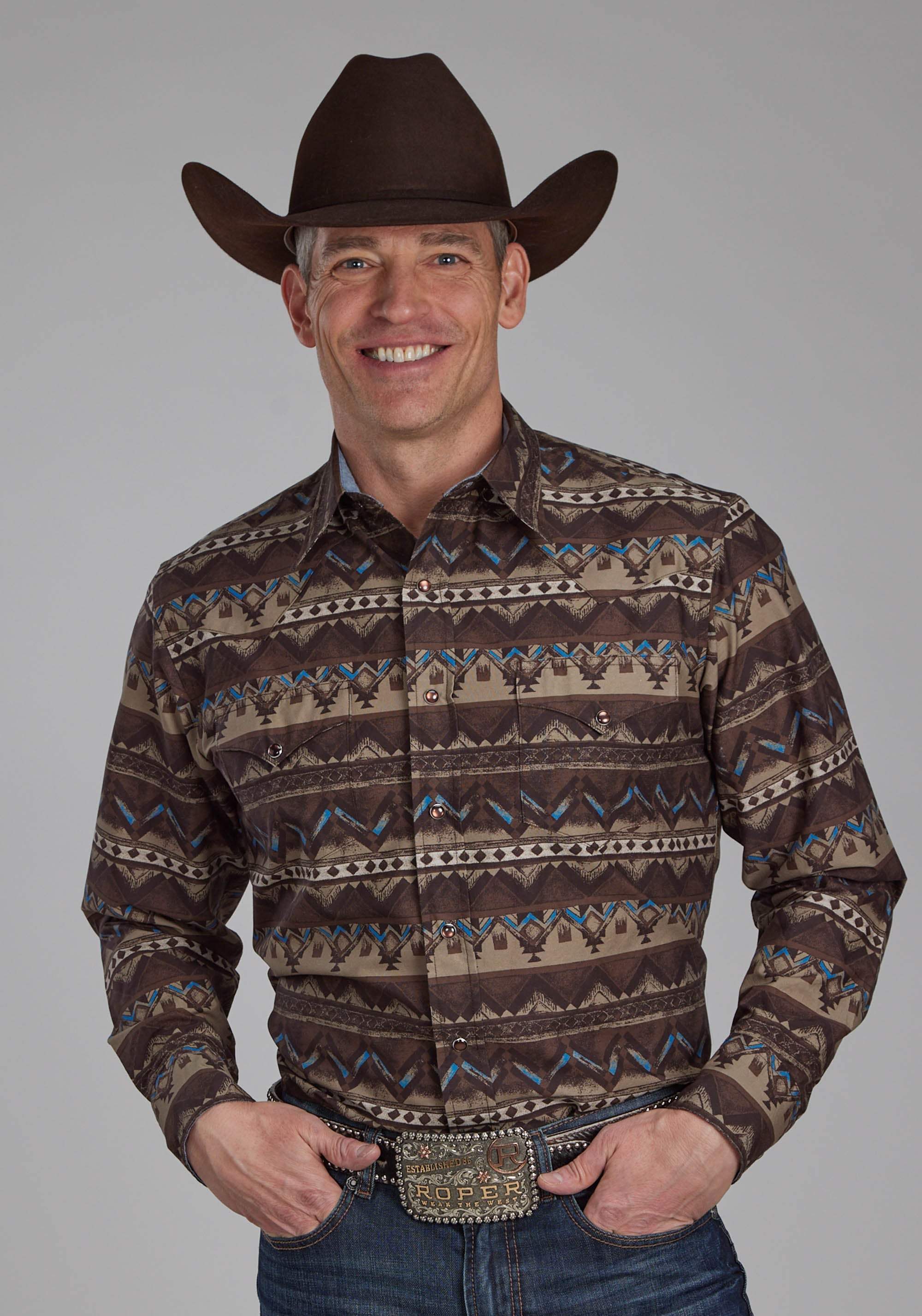 Roper Mens Distressed Aztec Print Long Sleeve Snap Western Shirt - Roper - Flyclothing LLC