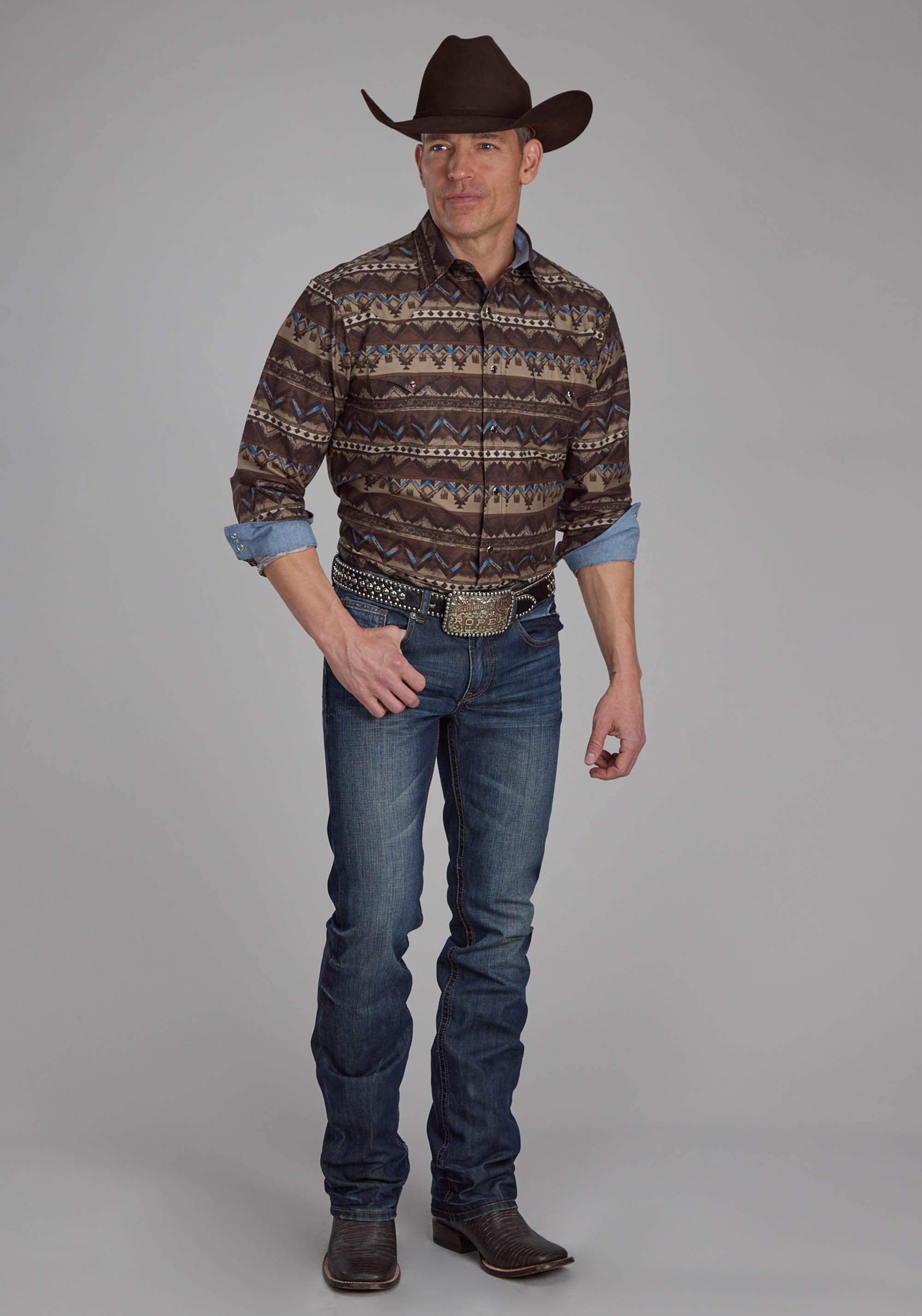 Roper Mens Distressed Aztec Print Long Sleeve Snap Western Shirt - Roper - Flyclothing LLC
