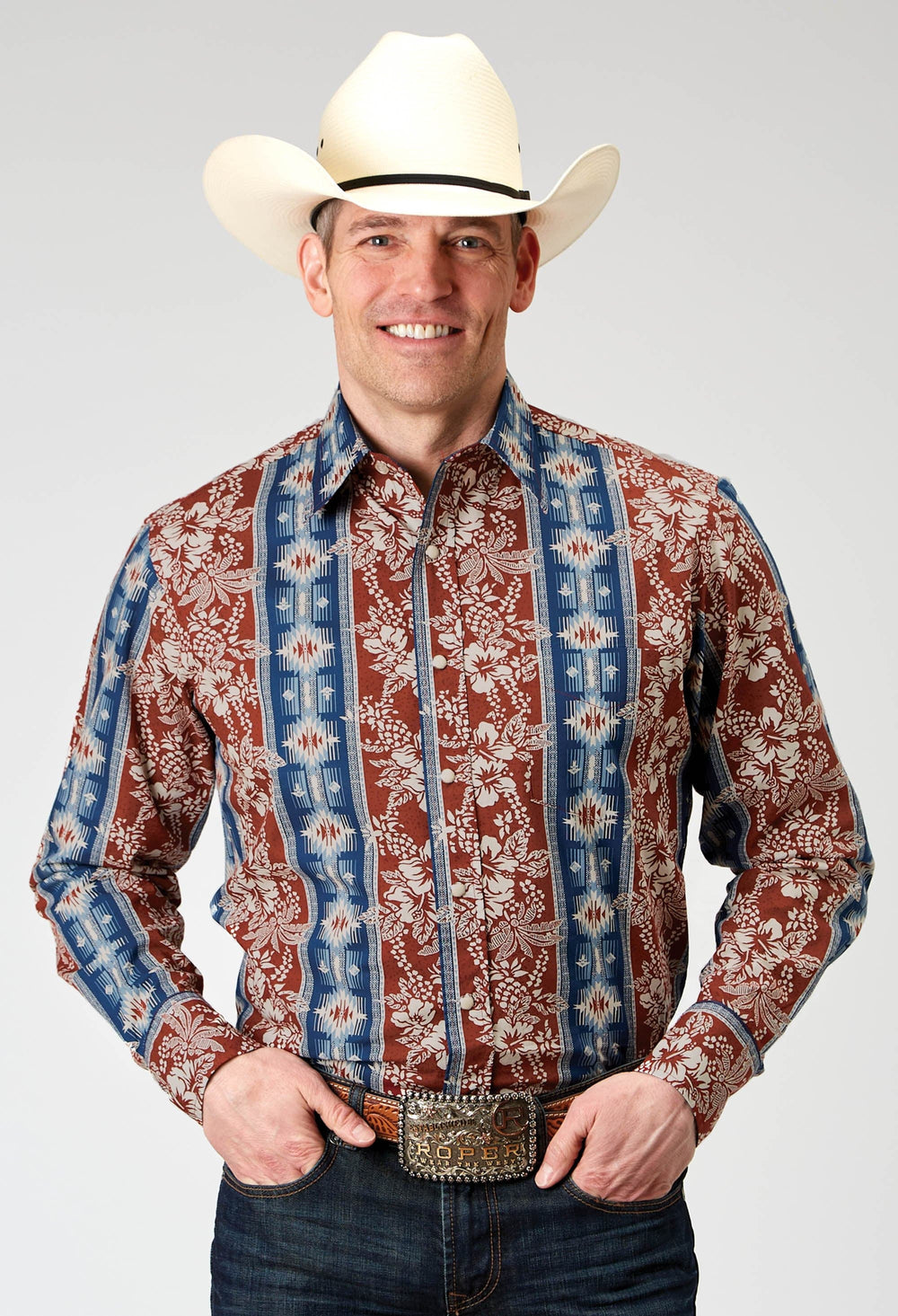 Roper Mens Long Sleeve Button Vertical Tropical Aztec Western Shirt - Roper