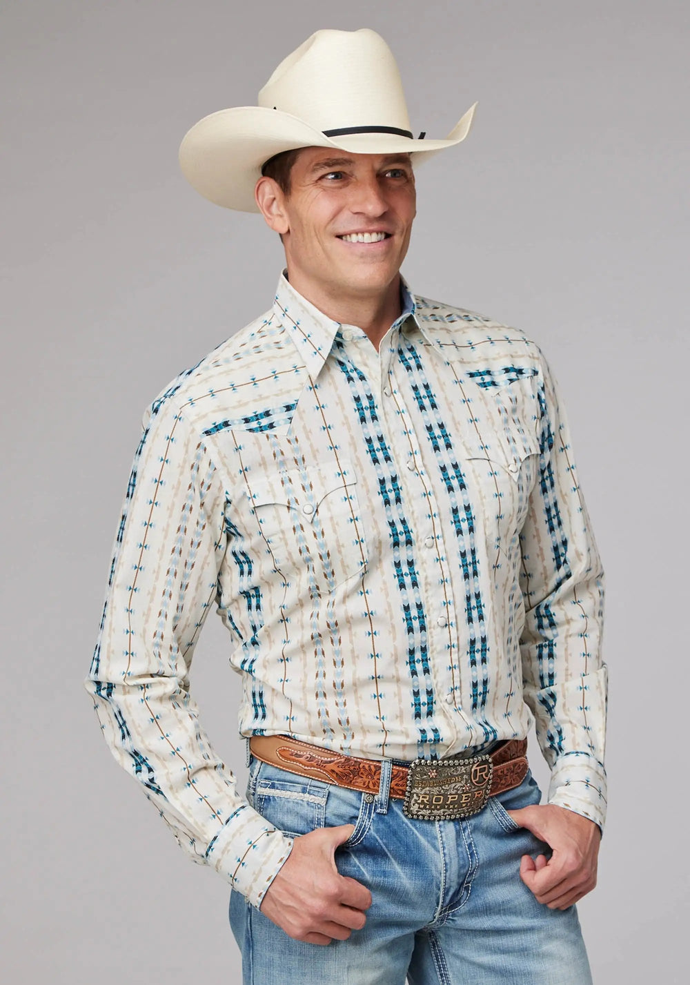Roper Mens Long Sleeve Snap Vertical Aztec Stripe Western Shirt - Roper