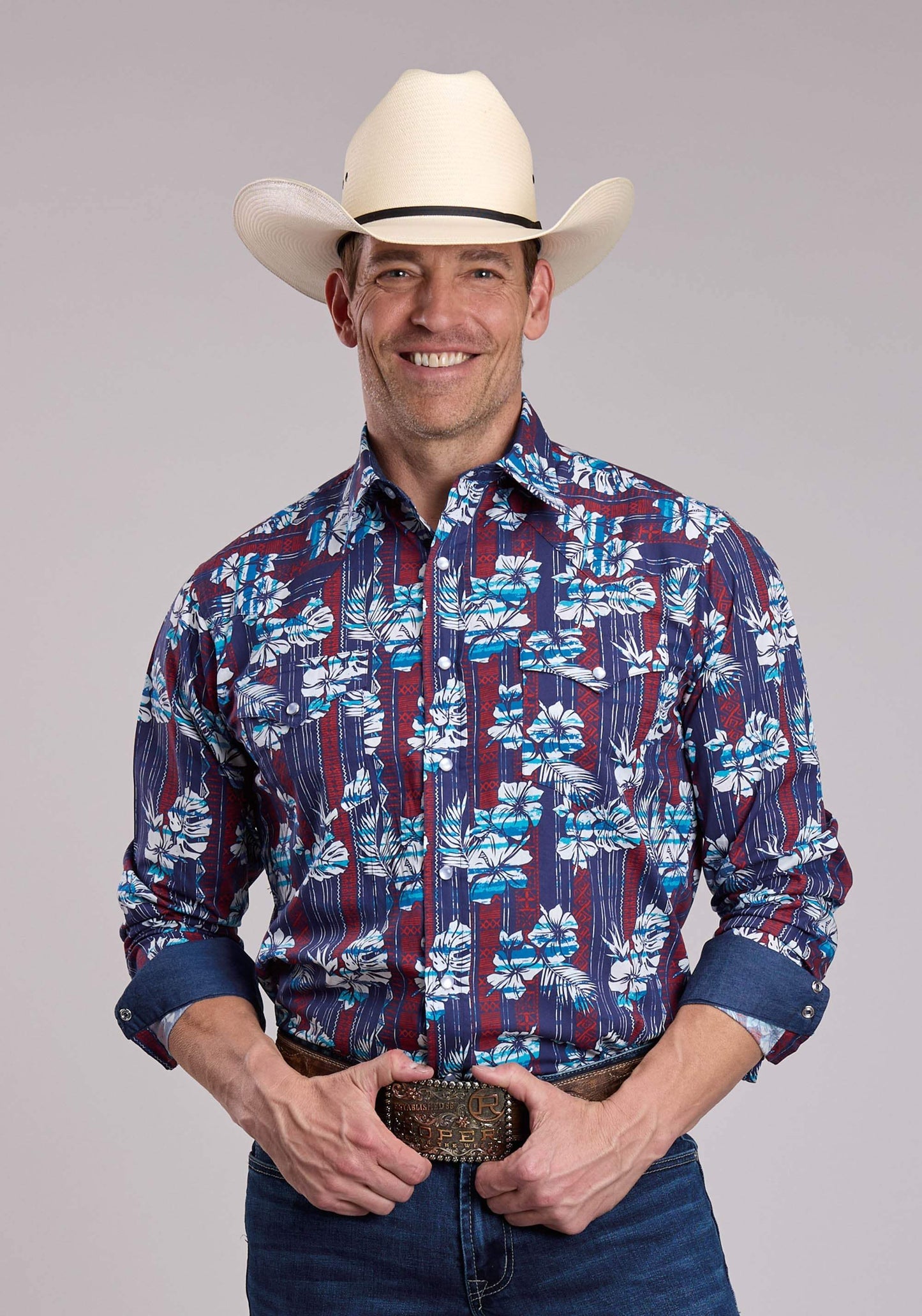 Mens Roper Distressed Tropical Aztec Print Long Sleeve Snap Shirt - Roper - Flyclothing LLC